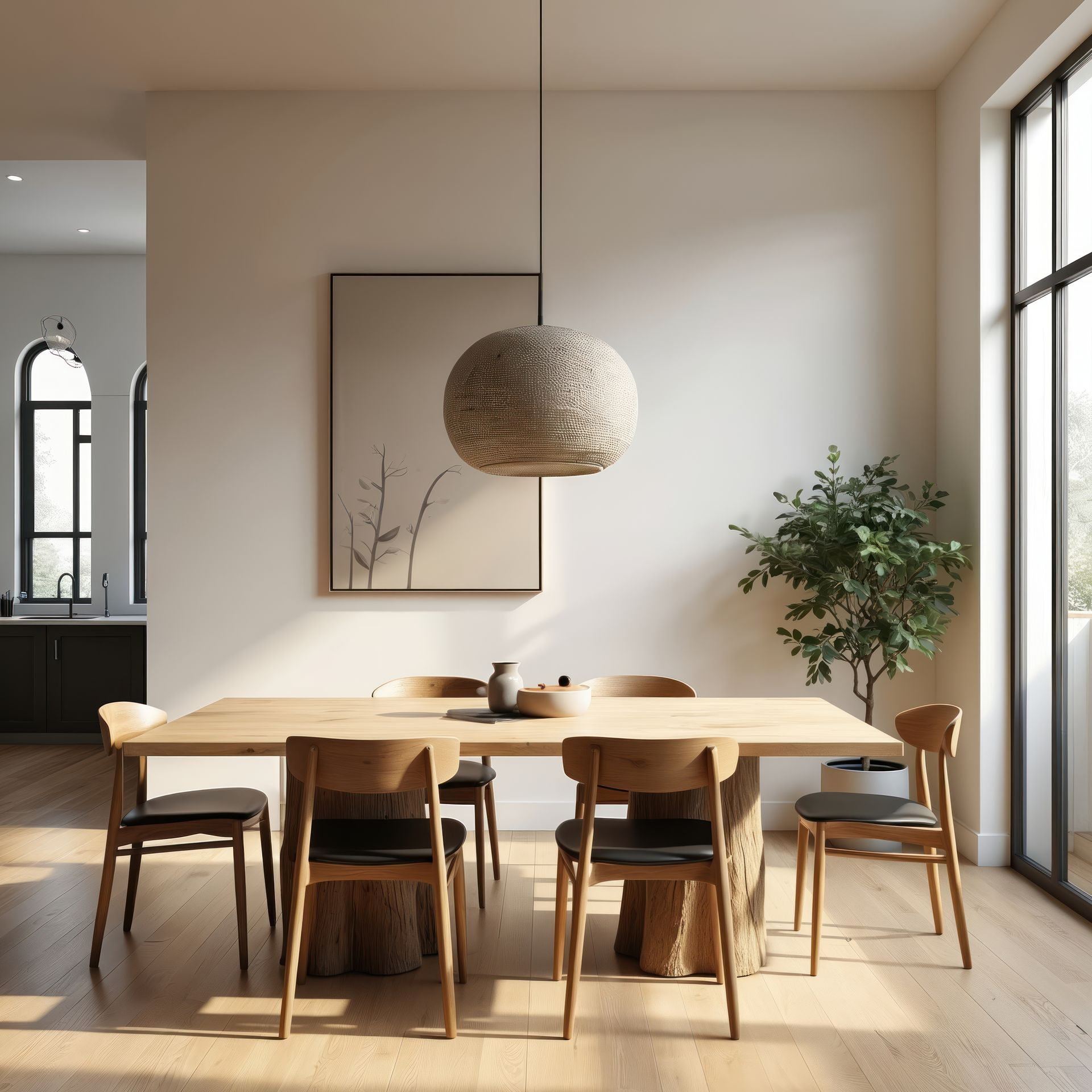 Salle à manger avec table et chaises en bois, et grande suspension lumineuse.