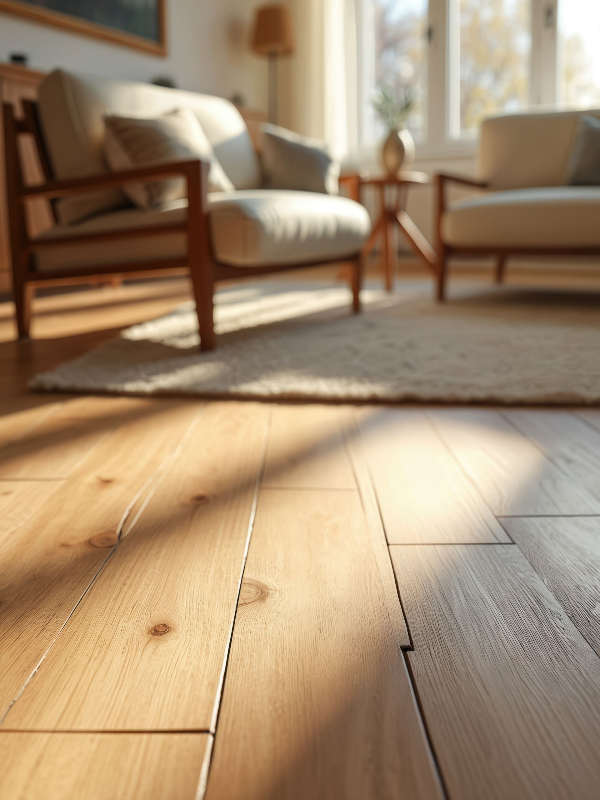 Parquet dans un salon, baigné de lumière naturelle, avec des chaises, un tapis et une fenêtre en arrière-plan.