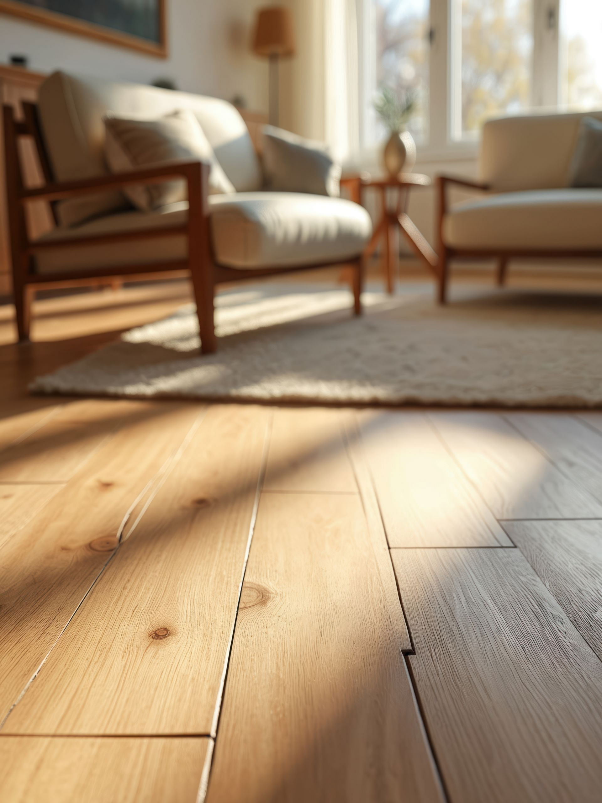 Sol en bois dans un salon baigné de soleil, avec des fauteuils, un tapis et une petite table près d'une fenêtre.