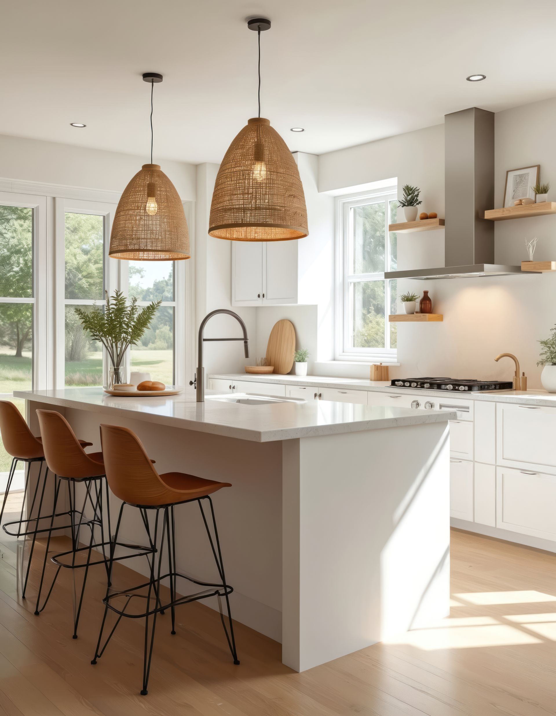 Cuisine blanche moderne avec îlot central, suspensions lumineuses en tissu tressé et tabourets de bar en cuir marron.