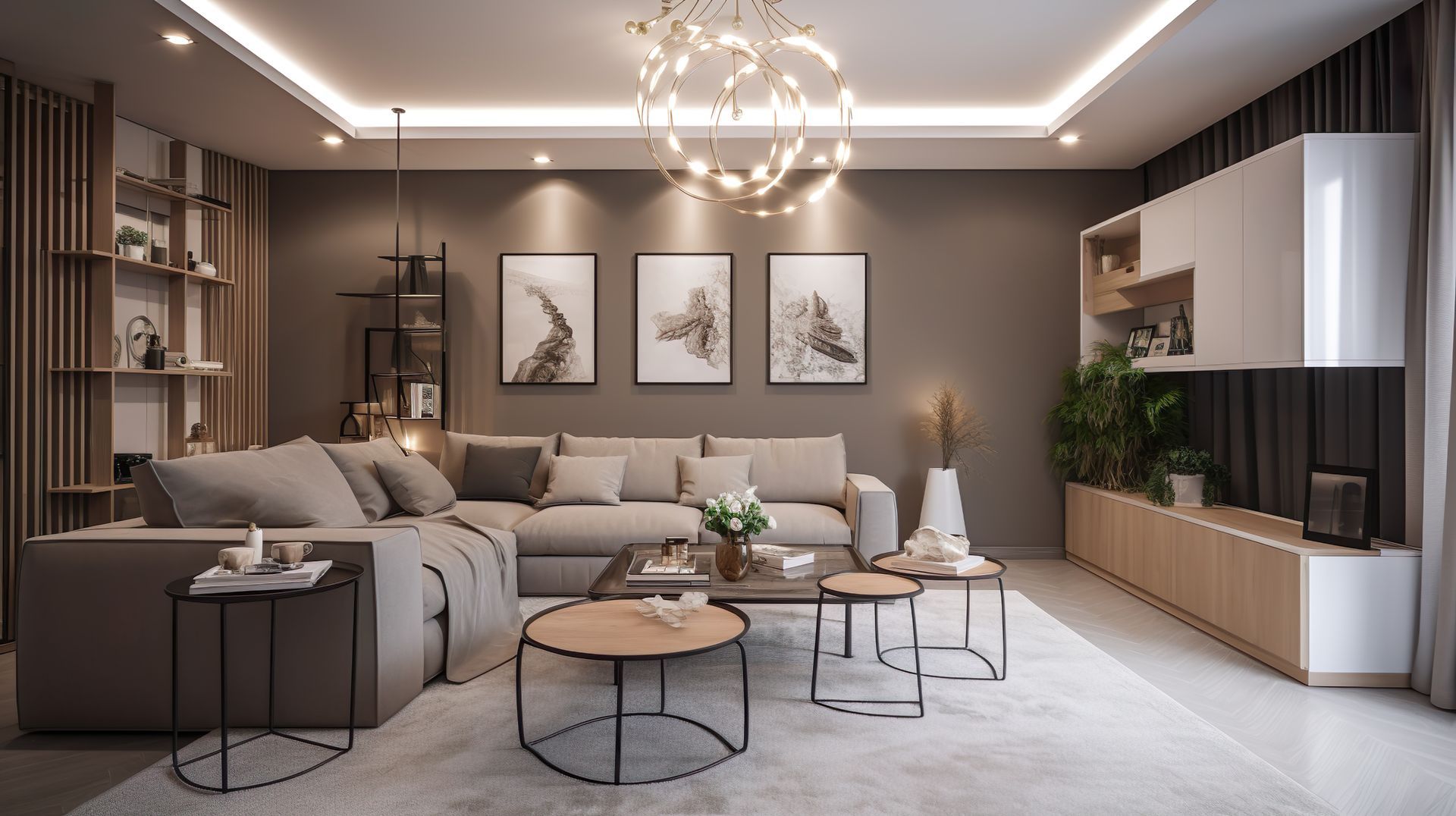 Salon moderne aux couleurs neutres.