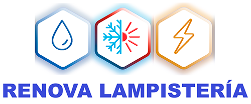 El logotipo de Renova Lampisteria muestra una gota de agua, un copo de nieve y un rayo.