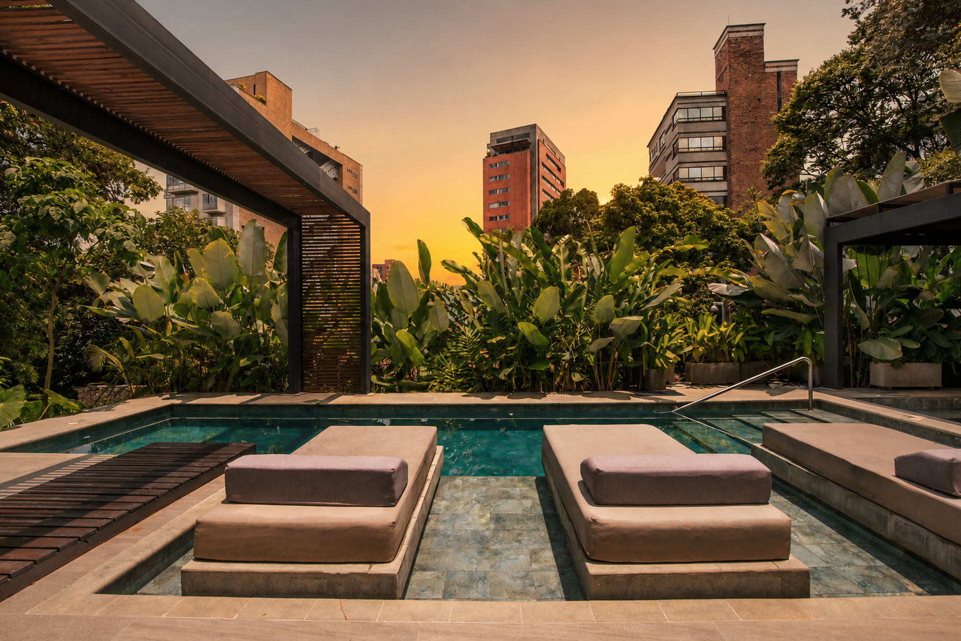 A modern house with a large swimming pool in front of it.