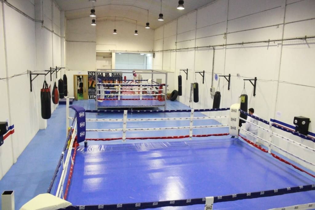 Gimnasio de boxeo con ring, suelo azul, sacos pesados ​​y diversos equipos de entrenamiento.