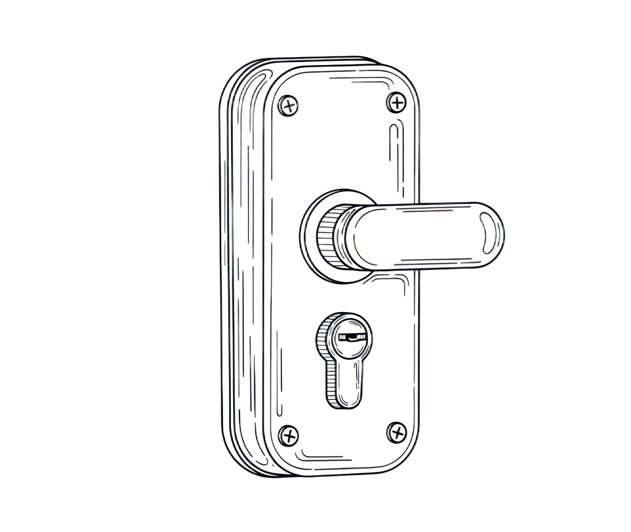 Serrure de porte avec poignée horizontale à levier et trou de serrure sur une plaque rectangulaire.