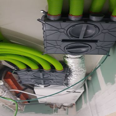 Un montón de tubos verdes cuelgan del techo.