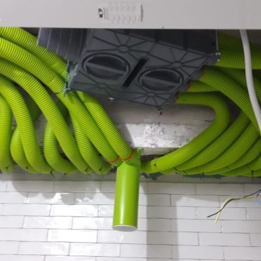 Un montón de tubos verdes cuelgan del techo.