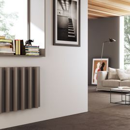 Una sala de estar con sofá, mesa de café, espejo y radiador.