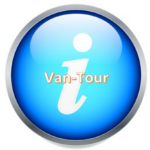 Bot&oacute;n azul brillante con borde plateado, s&iacute;mbolo "i" blanco y texto "Van-Tour".