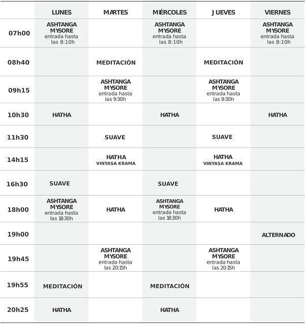 Horario de clases de yoga: clases de Ashtanga, Hatha y meditación de lunes a viernes.