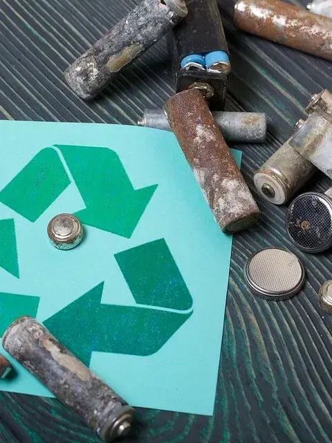 Un montón de baterías están sobre una mesa al lado de un símbolo de reciclaje.