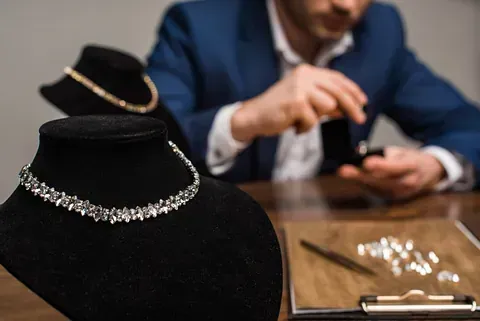 Un hombre está sentado en una mesa mirando un collar en un maniquí.
