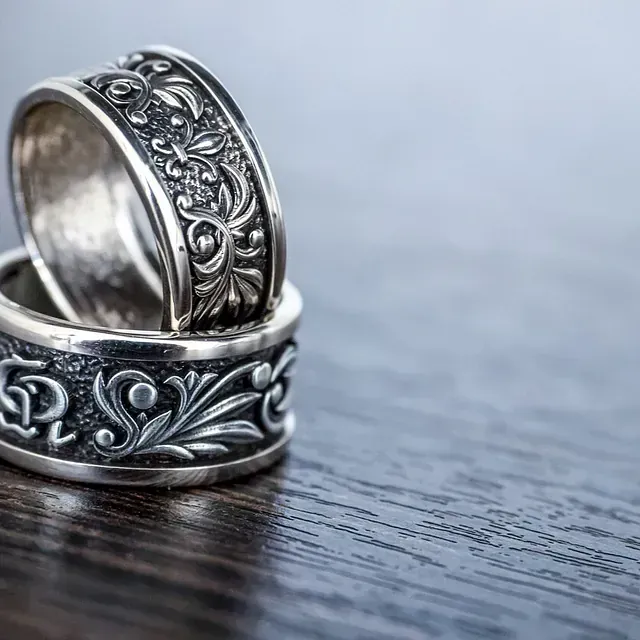 Dos anillos de plata están sobre una mesa de madera.