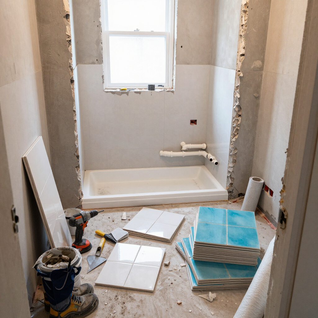 Baño en obras con bañera nueva, paredes sin terminar y baldosas apiladas en el suelo.