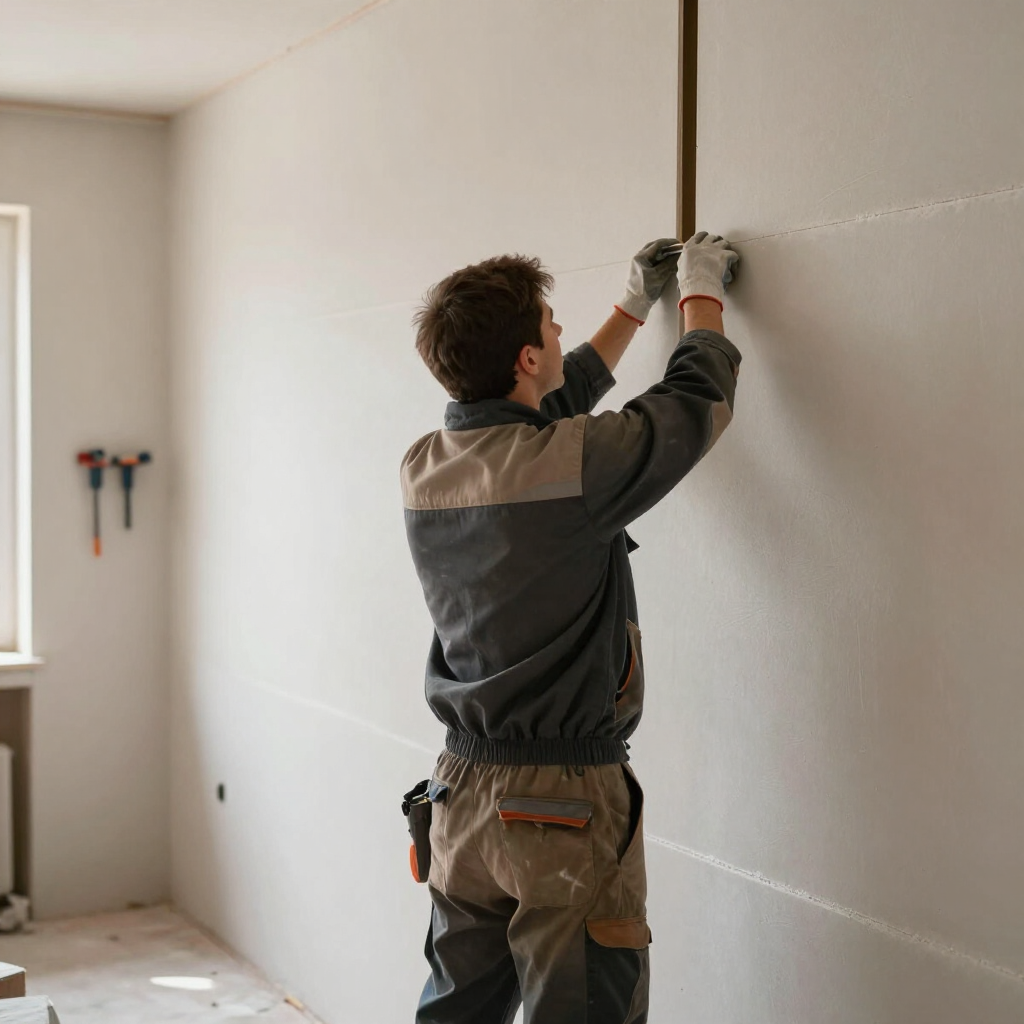 Obrero midiendo una pared con un nivel en una habitación en reforma.