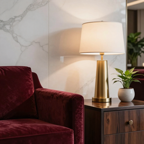 Un sillón color burdeos junto a una mesita auxiliar de madera con lámpara y planta en una sala de estar moderna.