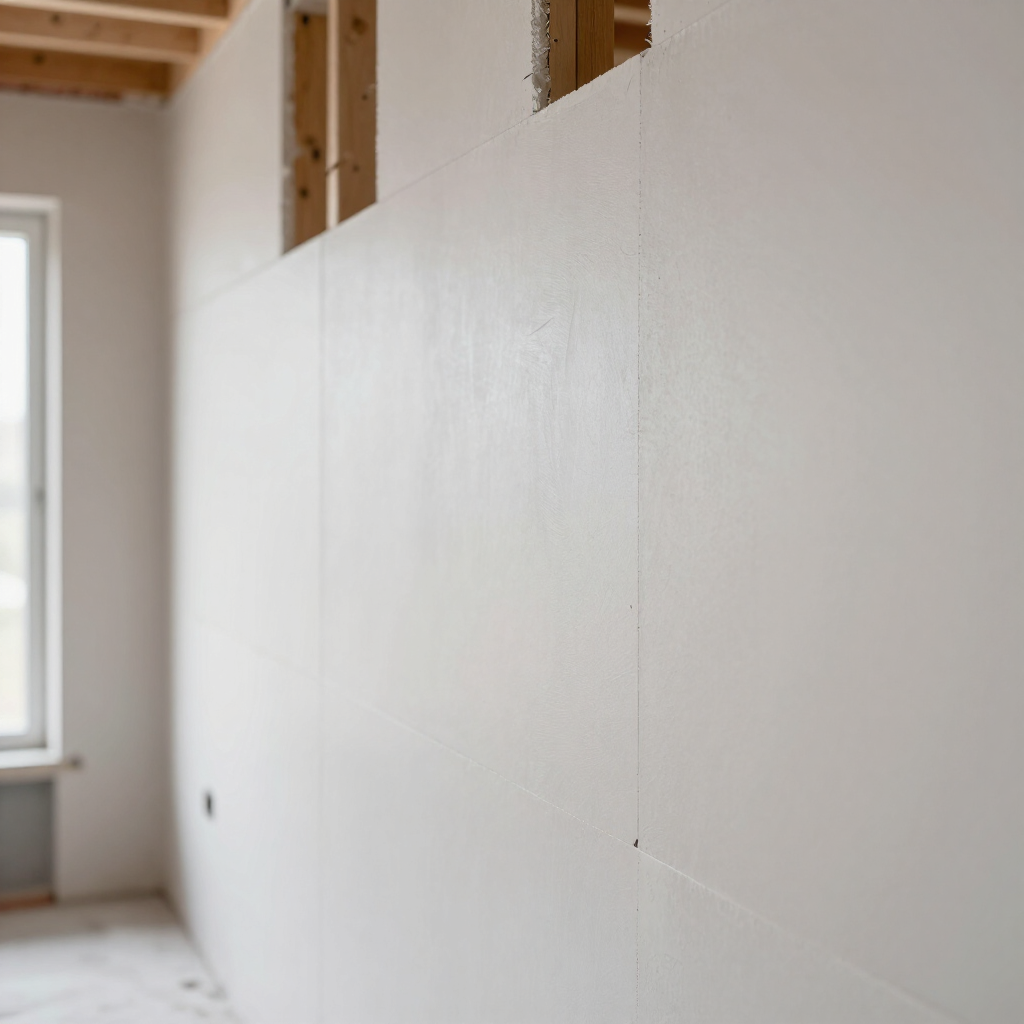 Pared de pladur blanco en una habitación parcialmente terminada con luz natural proveniente de una ventana y vigas expuestas cerca del techo.