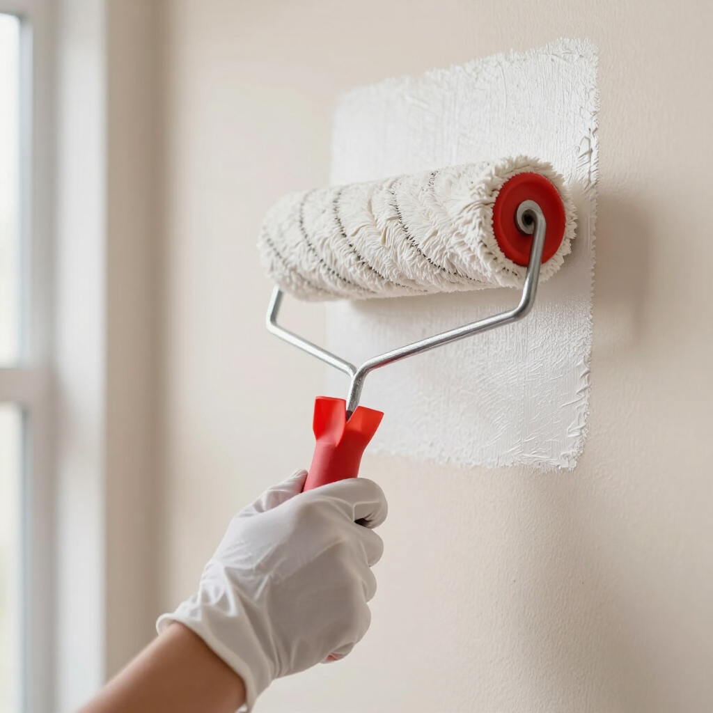Persona pintando una pared beige con un rodillo de pintura blanco con mango rojo.