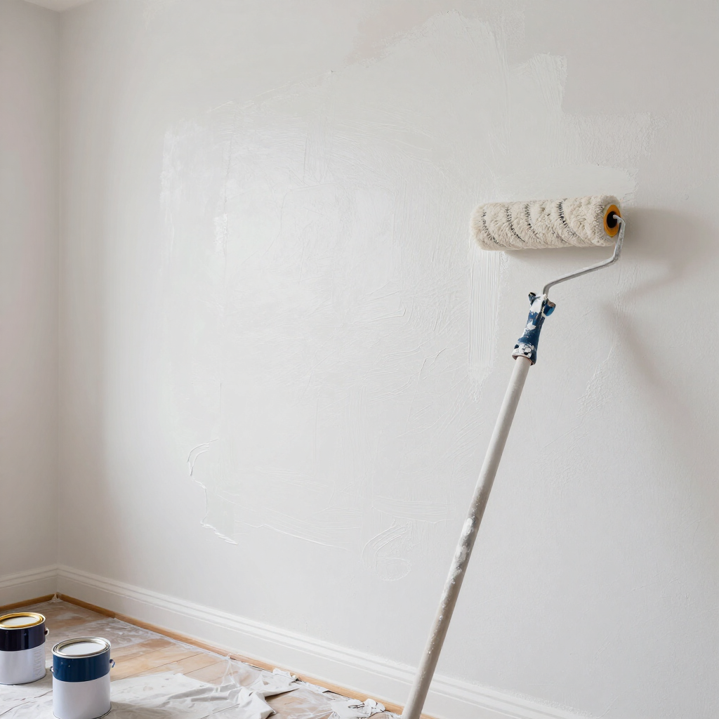 Pared blanca que se está pintando con un rodillo; latas de pintura están en el suelo.