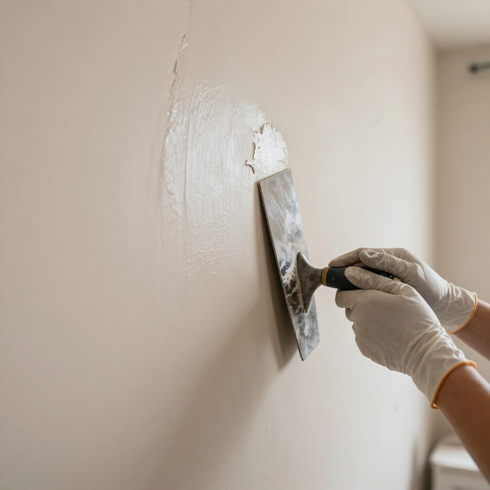 Persona alisando pintura blanca o yeso sobre una pared beige con una espátula, usando guantes.