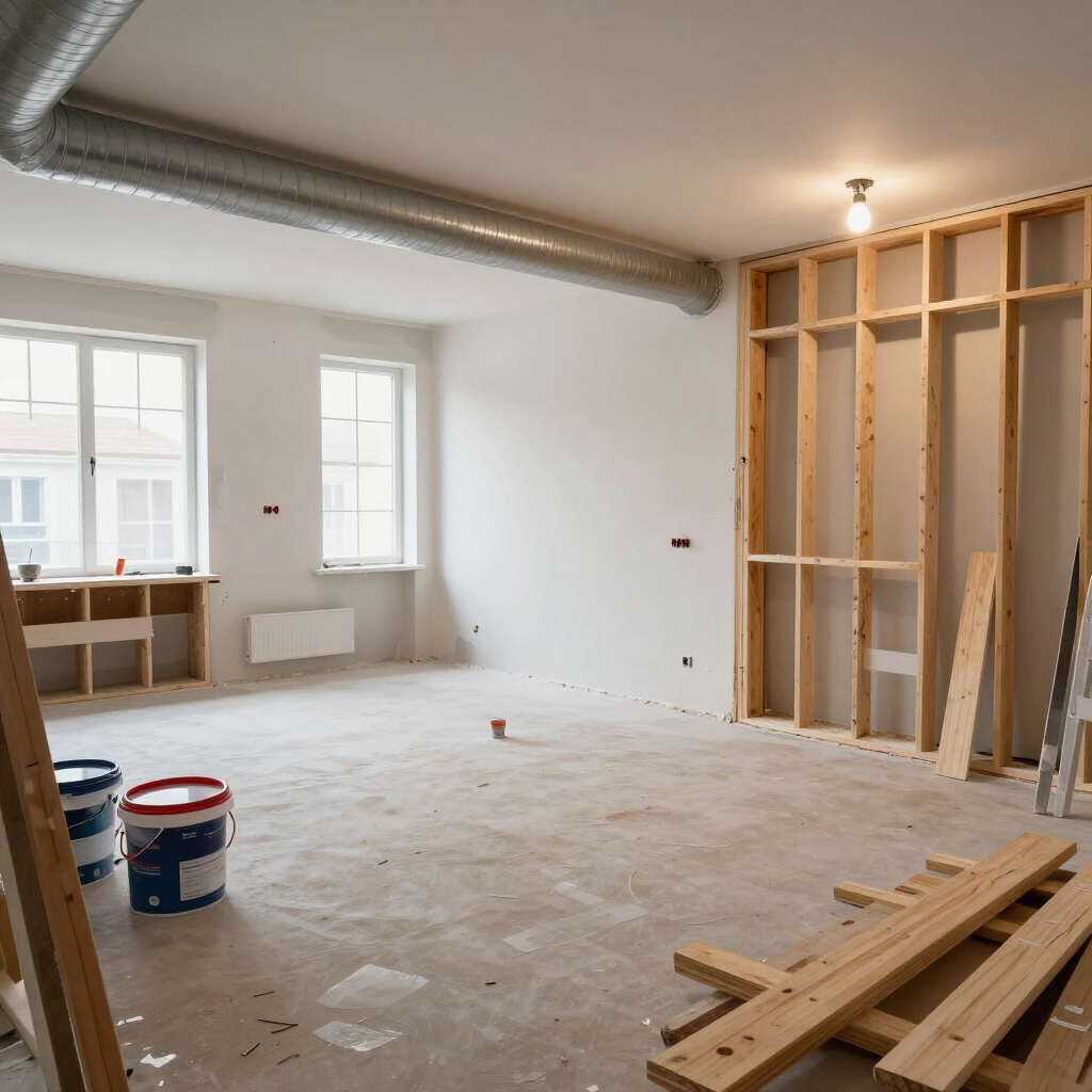 Habitación de apartamento sin terminar con estructura de madera, conductos de ventilación, ventanas, cubos de pintura y materiales de construcción a la vista.