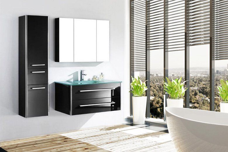 Salle de bain aménagée par artisans bernard et sylvestre Paris18_pose meuble lavabo noir avec tiroir et miroire