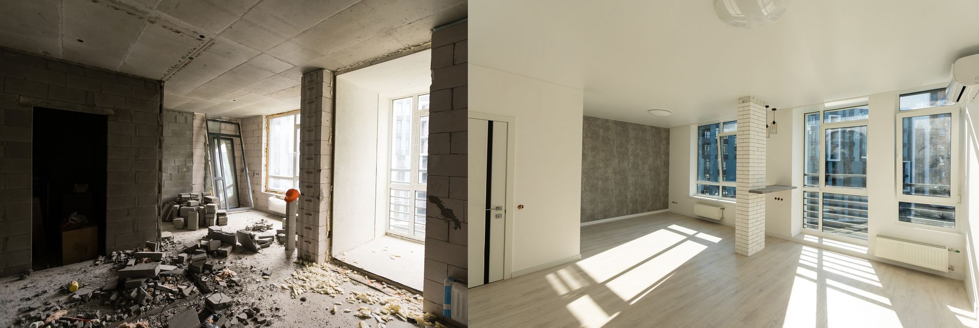 Una fotografía de antes y después de una habitación que está siendo remodelada.