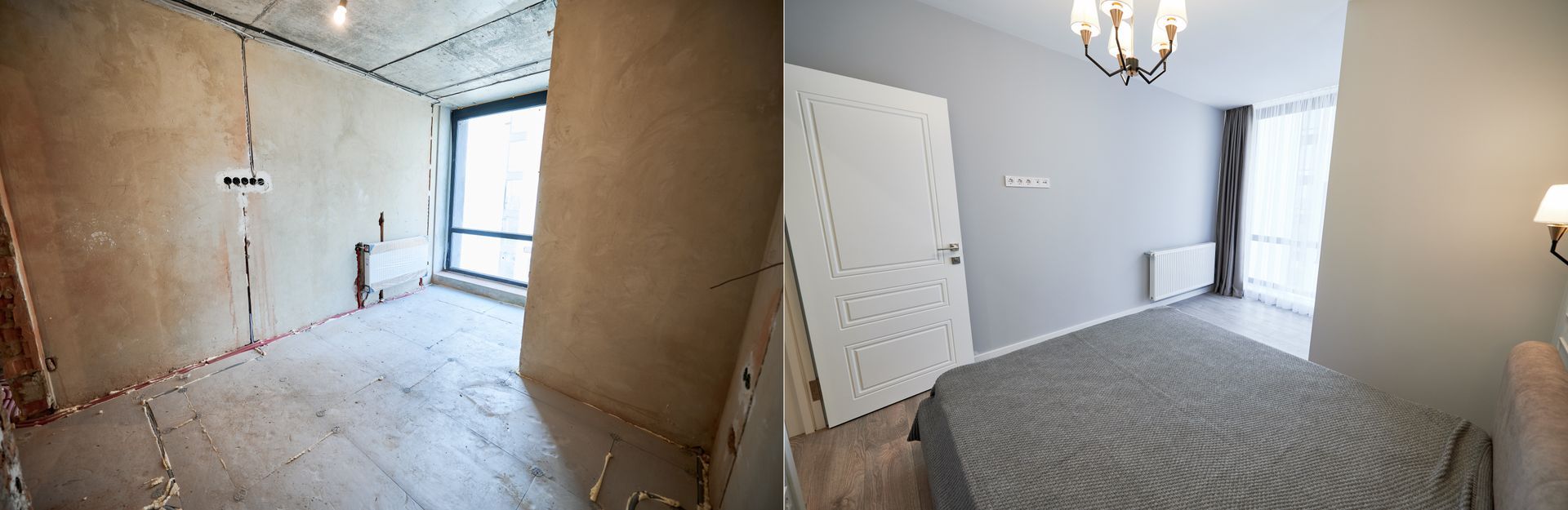 Hay una fotografía de antes y después de una habitación que está siendo remodelada.