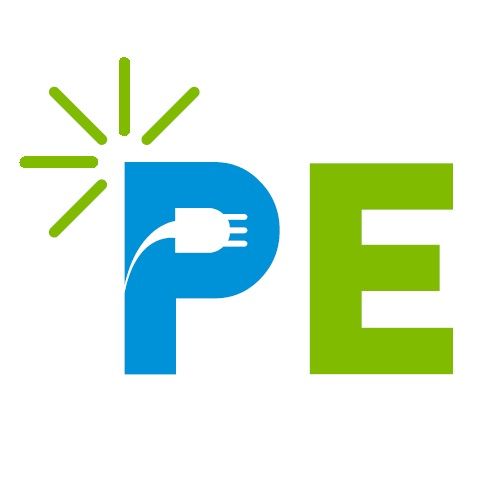 logo Perroud Electrique - Logo bleu et vert avec une prise dans la lettre p