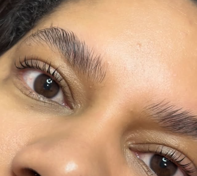 Primer plano de ojos marrones y cejas y pestañas de aspecto natural.