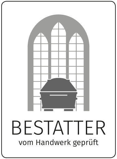 ein schwarz-weißes Logo für einen Bestatter , der vom Handwerk geprüft ist .