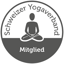 Circular logo: gray silhouette of a person in lotus position, 