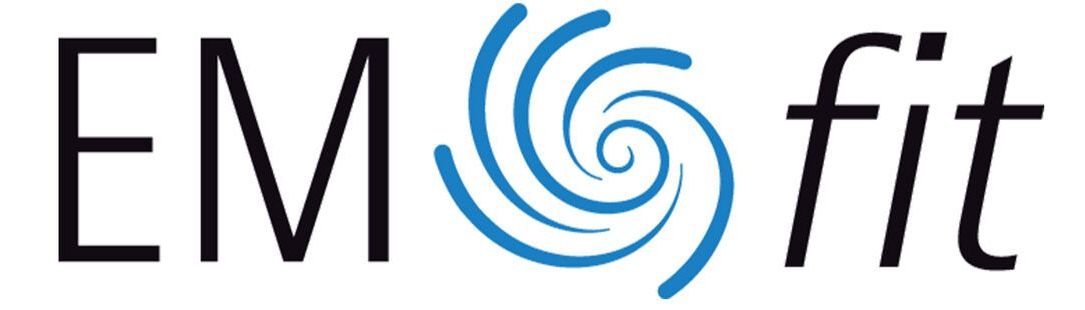EM-Fit-Logo mit blauem Wirbeldesign in M.