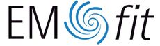 EM-Fit-Logo mit blauem Wirbeldesign in M.