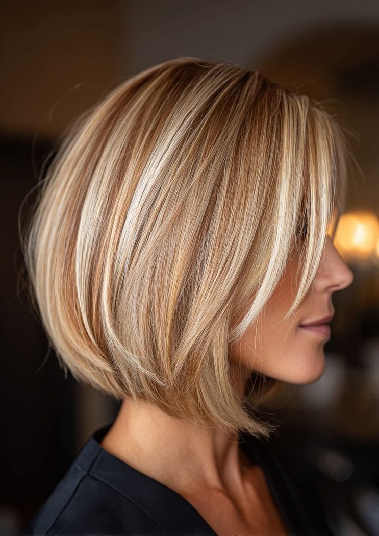 Un carré blond court dégradé avec des mèches.