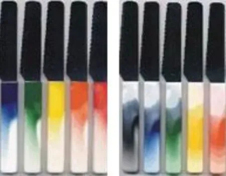 Zwei Messersets mit Farbverläufen an den Griffen, von Blau über Rot und Grau bis Orange.