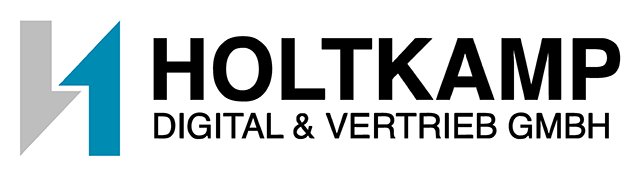 Logo der HOLTKAMP Digital & Vertrieb GmbH mit blau-schwarzem geometrischem Symbol auf weißem Hintergrund