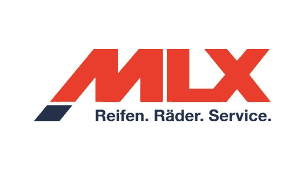 Ein rot-blaues MLX-Logo auf weißem Hintergrund