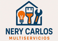 Logotipo para "Nery Carlos Multiservicios" con el contorno de una casa y herramientas: foco, cepillo y llave inglesa.