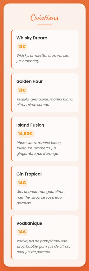 Menu présentant les soins de beauté et les tarifs, sur fond orange clair.
