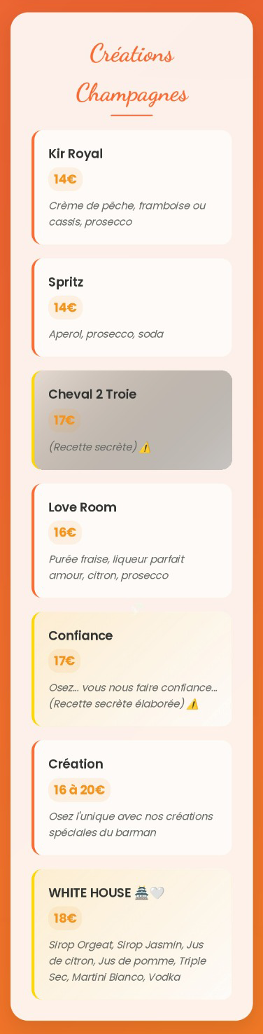 Menu : une liste de champagnes avec descriptions et prix. Le fond est orange.