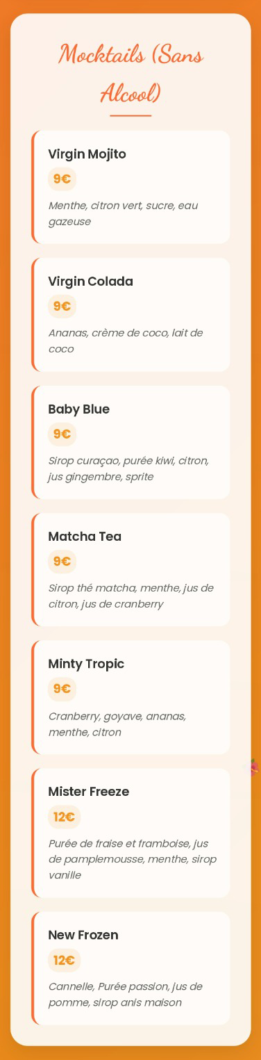 Un menu avec sept sélections de vins écrites en caractères d'imprimerie avec des descriptions en police serif.