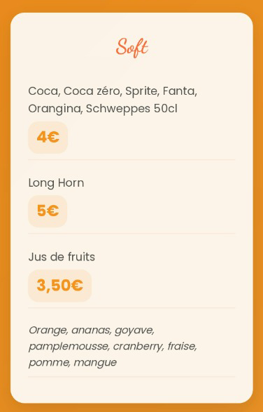 Carte des boissons sans alcool : Coca-Cola, Sprite, jus de fruits et plus encore. Les prix sont indiqués.