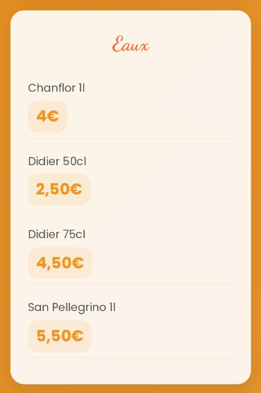 Carte des options d'eau avec prix, dont Chanfior, Didier et San Pellegrino.