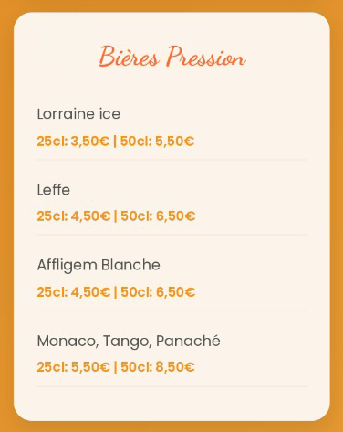 Menu avec options de bières et prix.