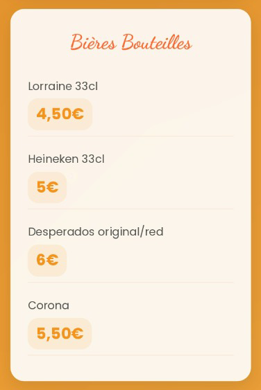 Carte de bières en bouteille avec prix, dont Lorraine, Heineken, Desperados et Corona.
