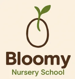 Logotipo de la guarder&iacute;a Bloomy con un brote verde sobre un &oacute;valo marr&oacute;n sobre un fondo beige.