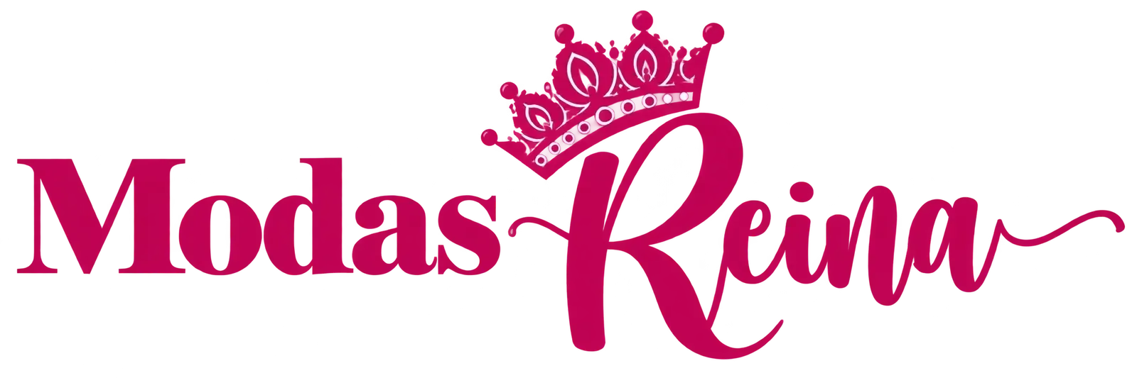 Logotipo de Modas Reina en magenta, con texto estilizado y una corona sobre la &laquo;R&raquo;