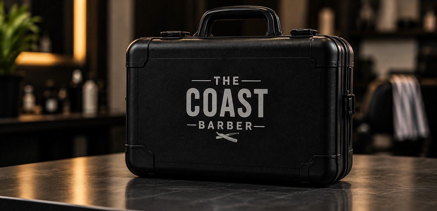Maletín de barbero negro con el logotipo de “The Coast Barber” sobre un mostrador en una habitación con poca luz.