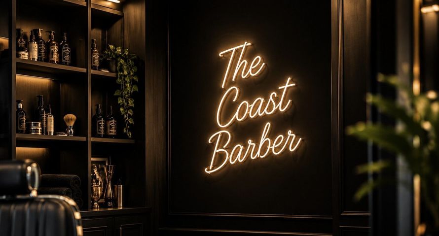 Interior cálido y tenuemente iluminado de una barbería con un letrero luminoso que dice